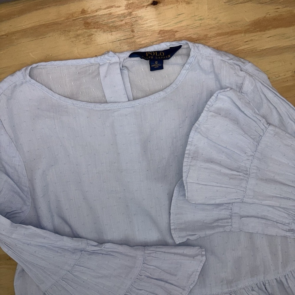 Polo Ralph‎ Lauren Girls 12 Blue Peplum Babydoll Top Ruffled Tiered Bell Sleeve